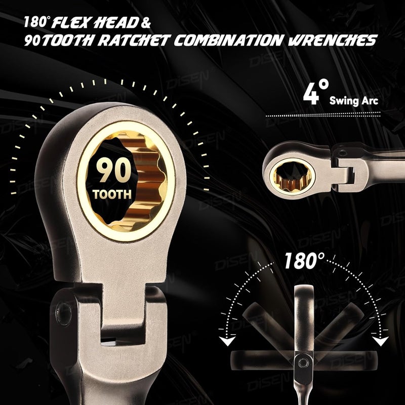 DISEN 90 Teeth Ratchet Wrenches Set 8 Pieces, Flex Head Ratcheting Wrench Set Metric 8 10 12 13 14 15 17 19MM, Nickel Plating Cr-V Constructed with Organizer Rack - Image 2